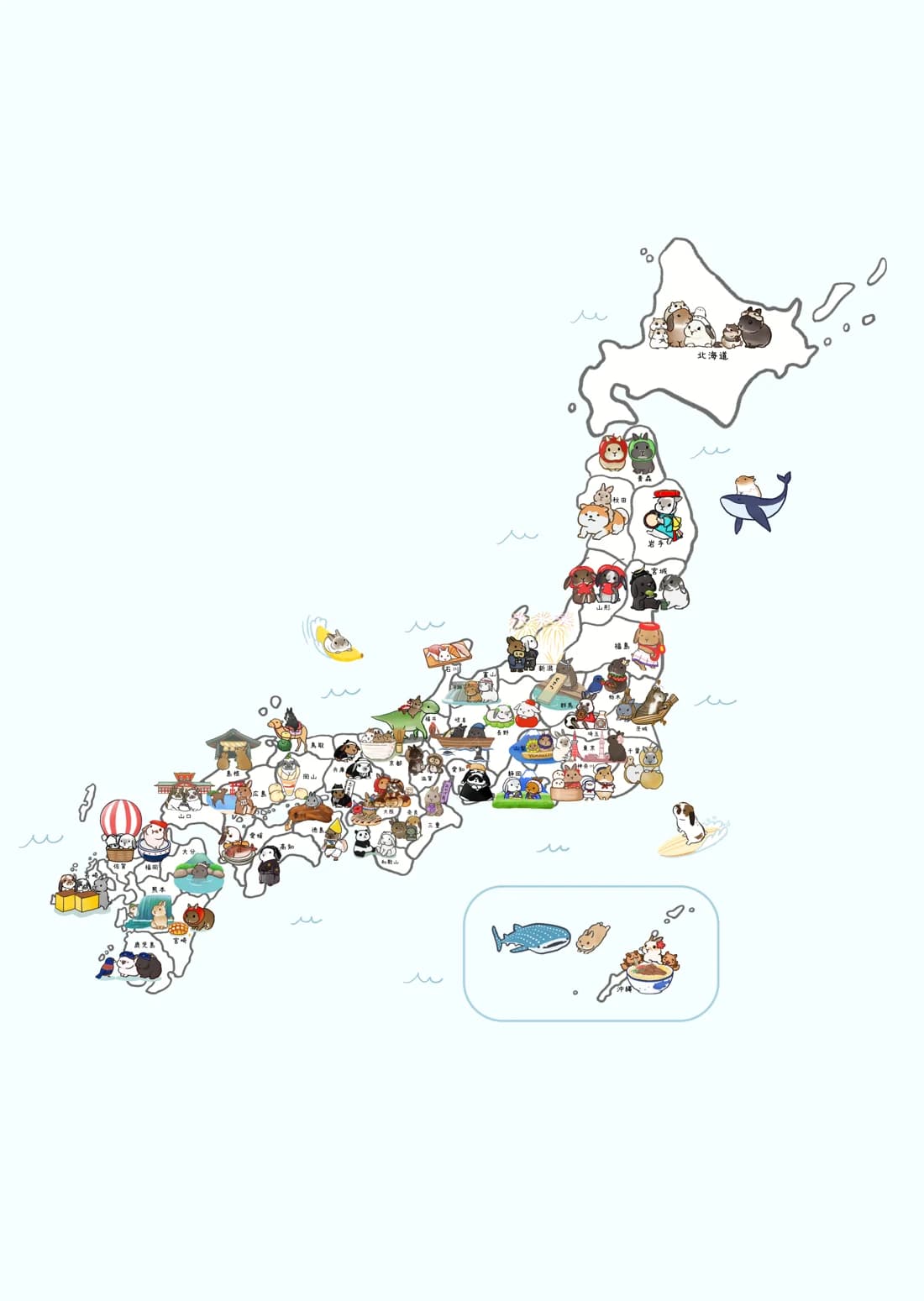 ご当地うさぎたちを日本各地に配置した日本地図