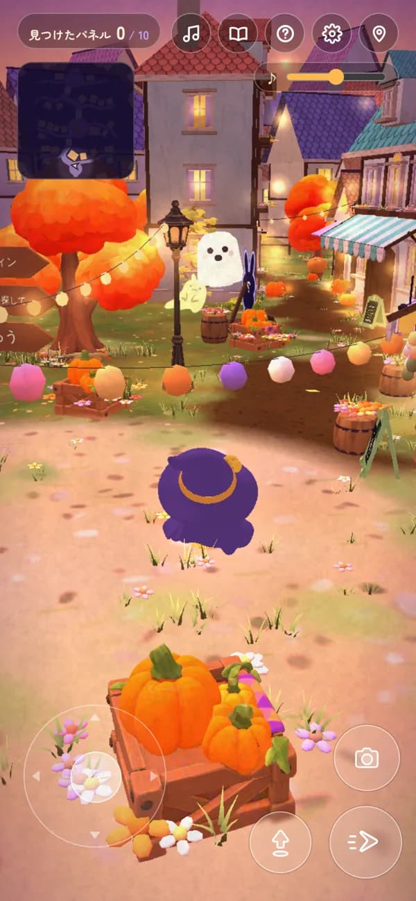 ゲームの画面。左下にスティック、右下にカメラとジャンプのボタン