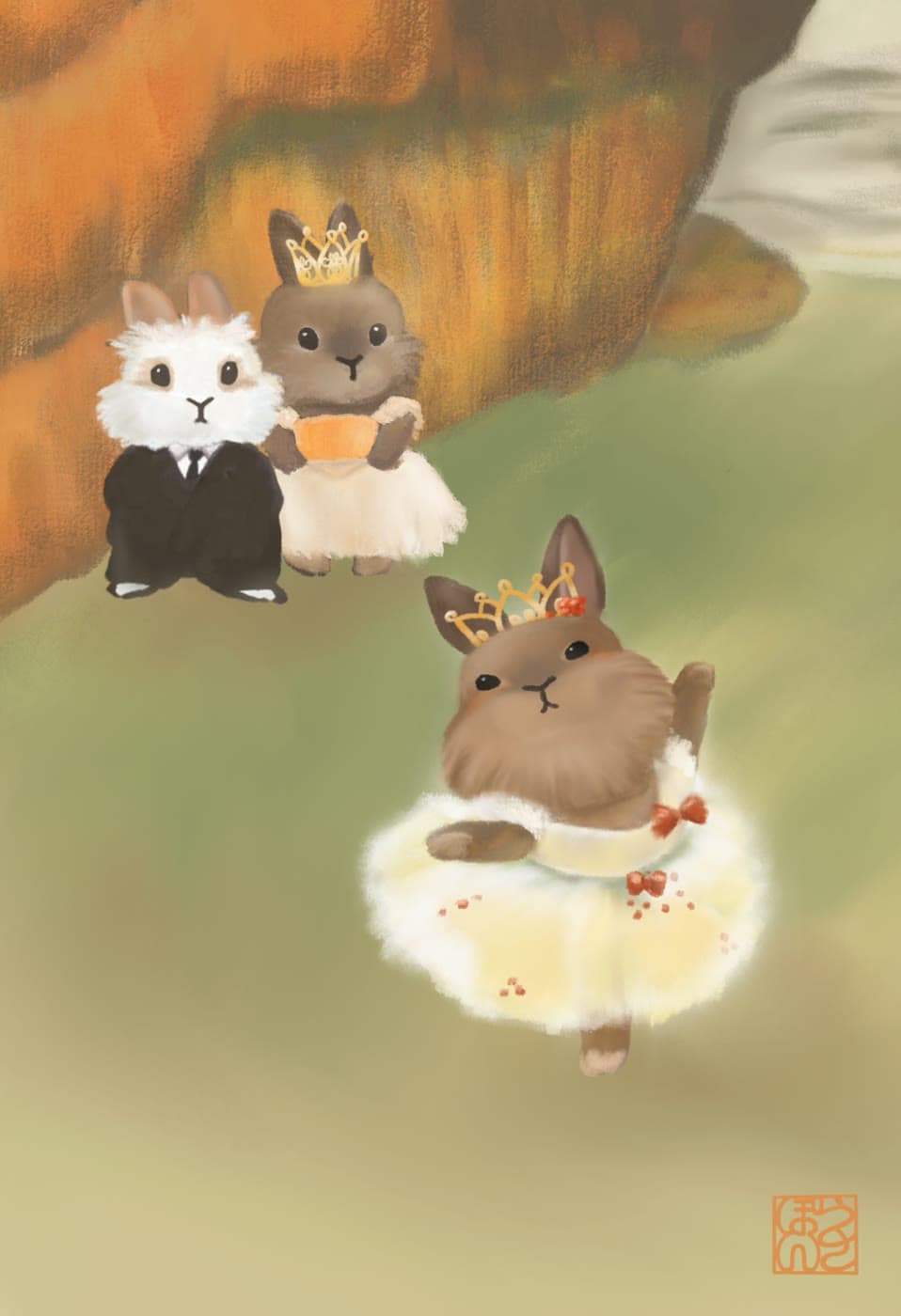 舞台で踊るバレリーナ姿のうさぎたちのイラスト