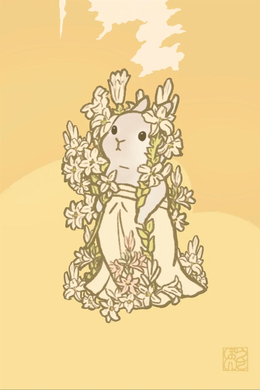 百合に囲まれたうさぎのイラスト