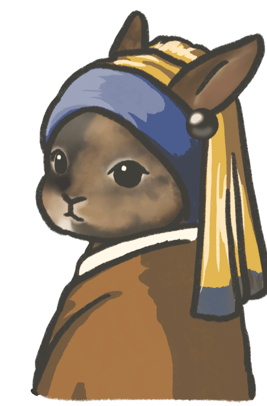 青い頭巾と真珠の耳飾りをつけた茶色のうさぎのイラスト
