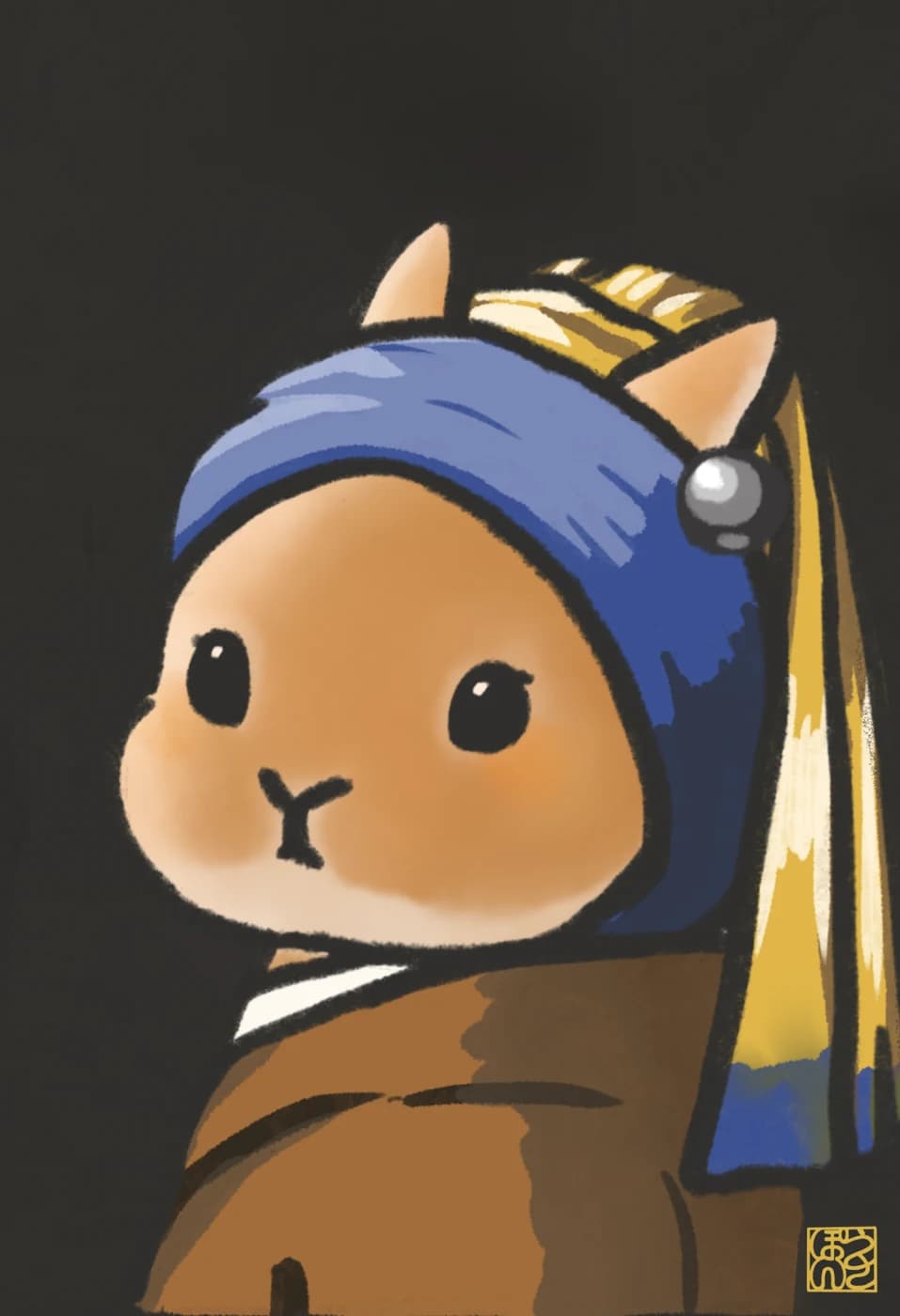 青い頭巾と真珠の耳飾りをつけたうさぎのイラスト