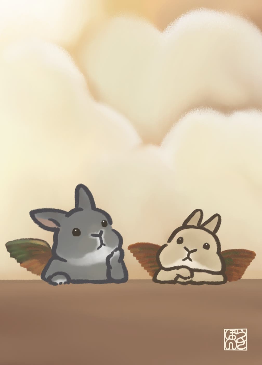 ほおづえをついて見上げる2羽の天使のうさぎのイラスト