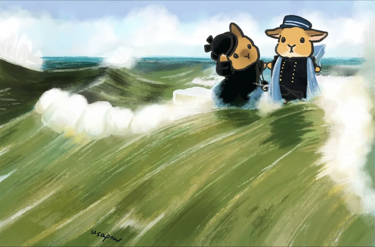 荒れる海辺に立つうさぎたちのイラスト