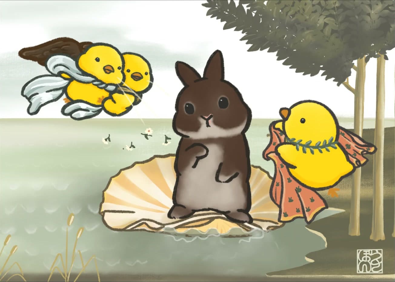 貝殻に乗るうさぎと小鳥たちのイラスト